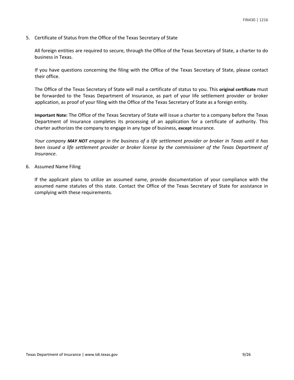 Form FIN430 License Application for a Life Settlement Provider or Broker - Texas, Page 9