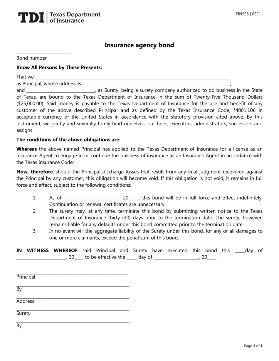Form FIN505 Insurance Agency Bond - Texas, Page 1