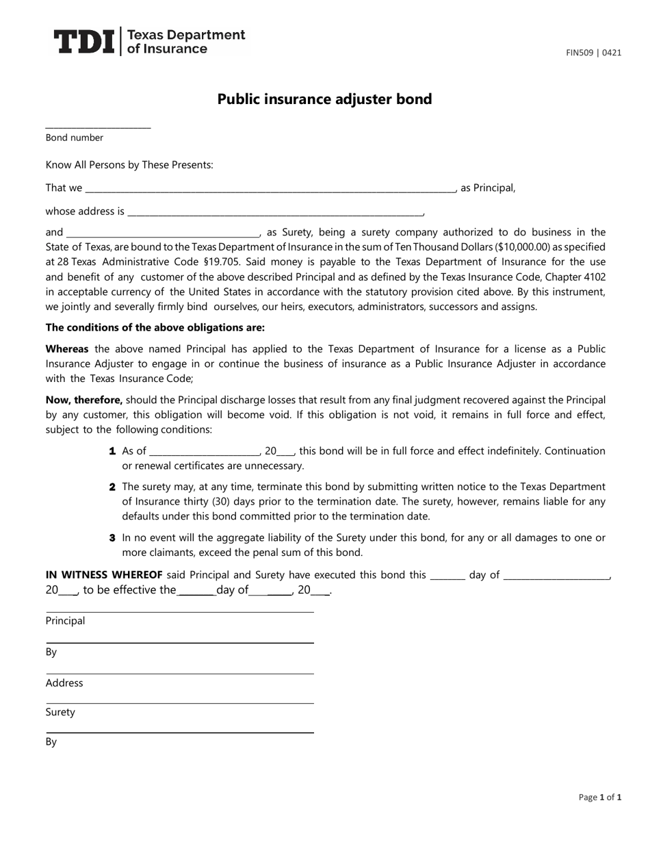 Form FIN509 Download Printable PDF or Fill Online Public Insurance