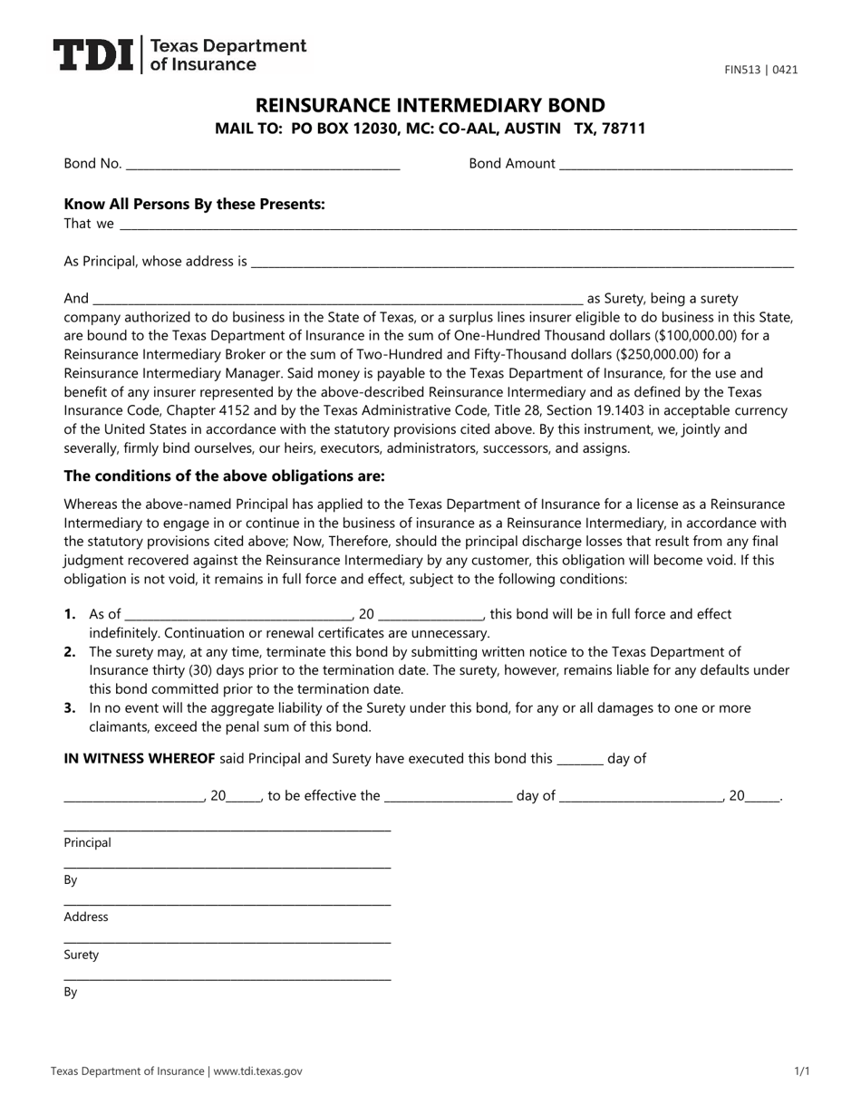 Form FIN513 Reinsurance Intermediary Bond - Texas, Page 1