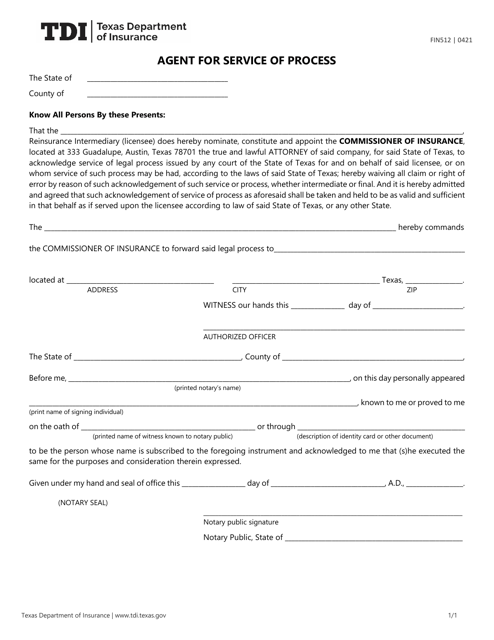 Form FIN512 Agent for Service of Process - Texas
