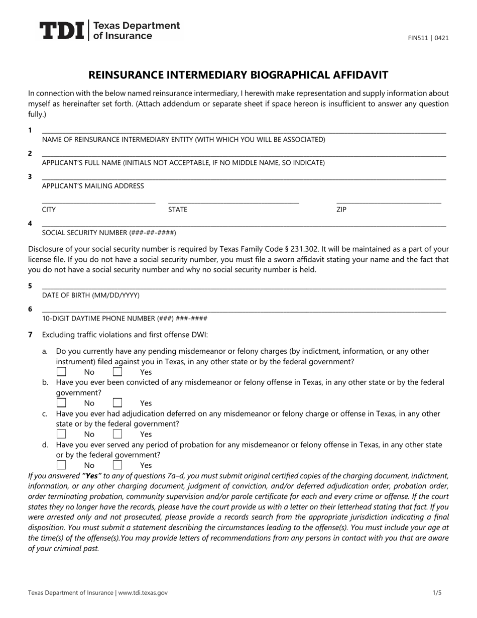Form FIN511 Reinsurance Intermediary Biographical Affidavit - Texas, Page 1