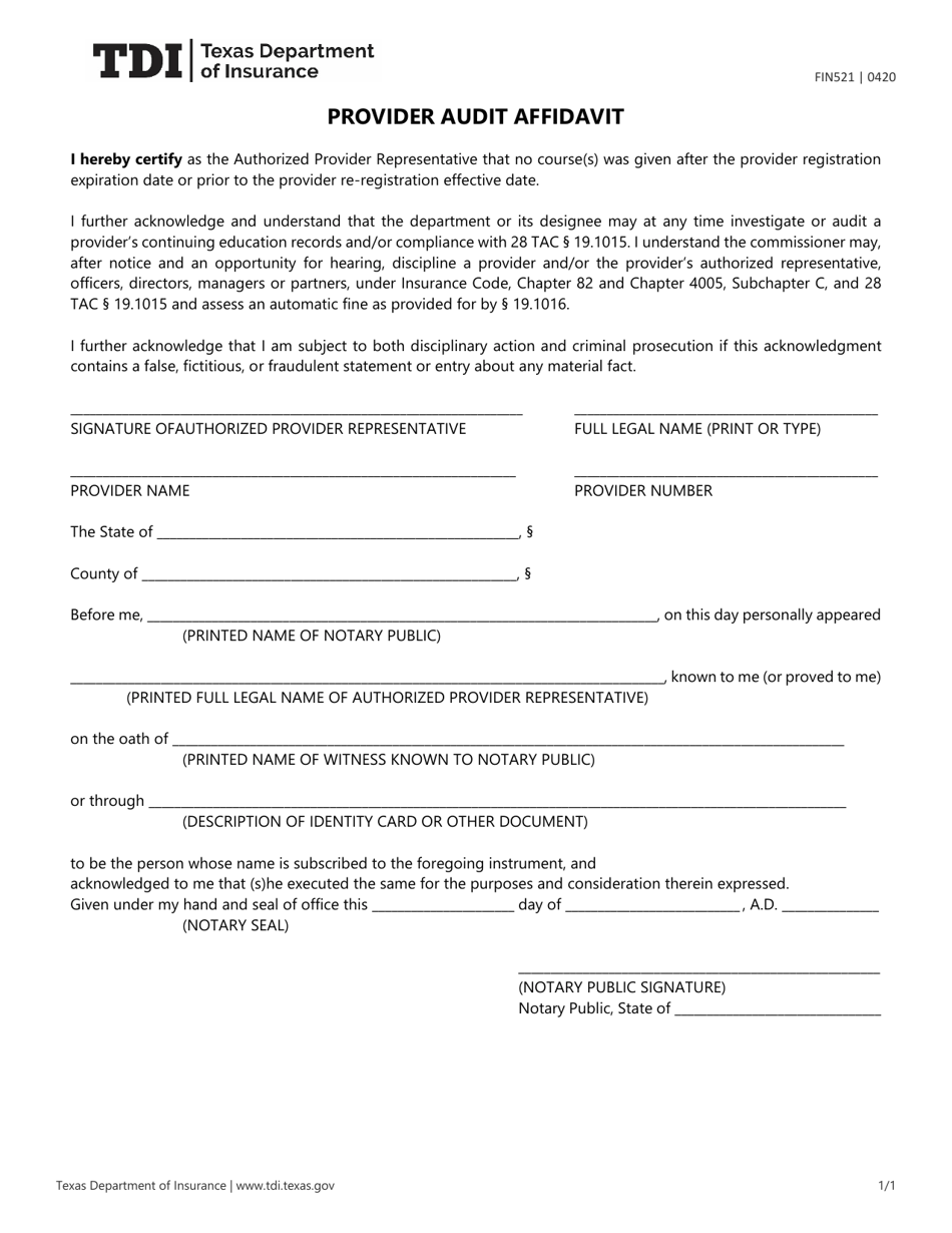 Form FIN521 Provider Audit Affidavit - Texas, Page 1