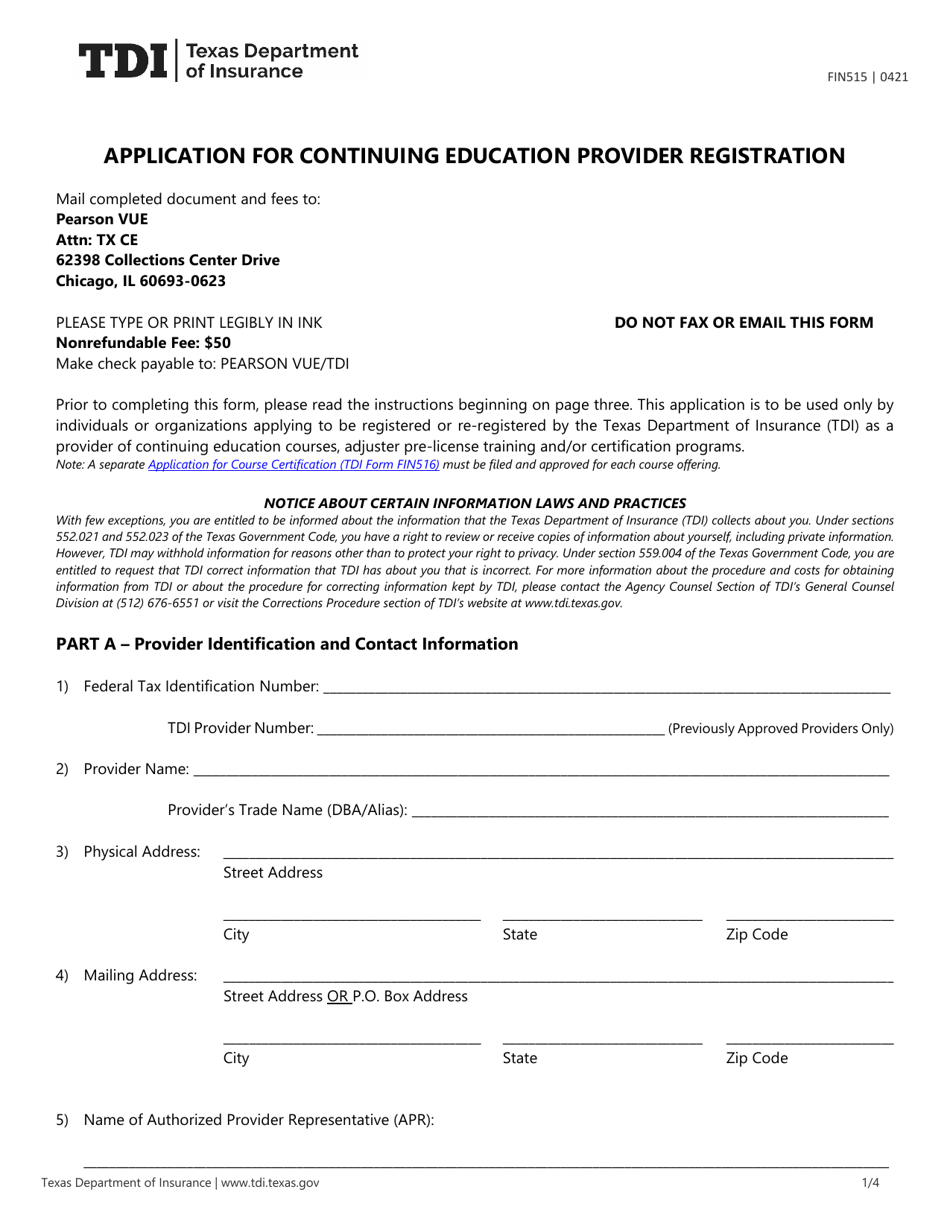 Form FIN515 Application for Continuing Education Provider Registration - Texas, Page 1