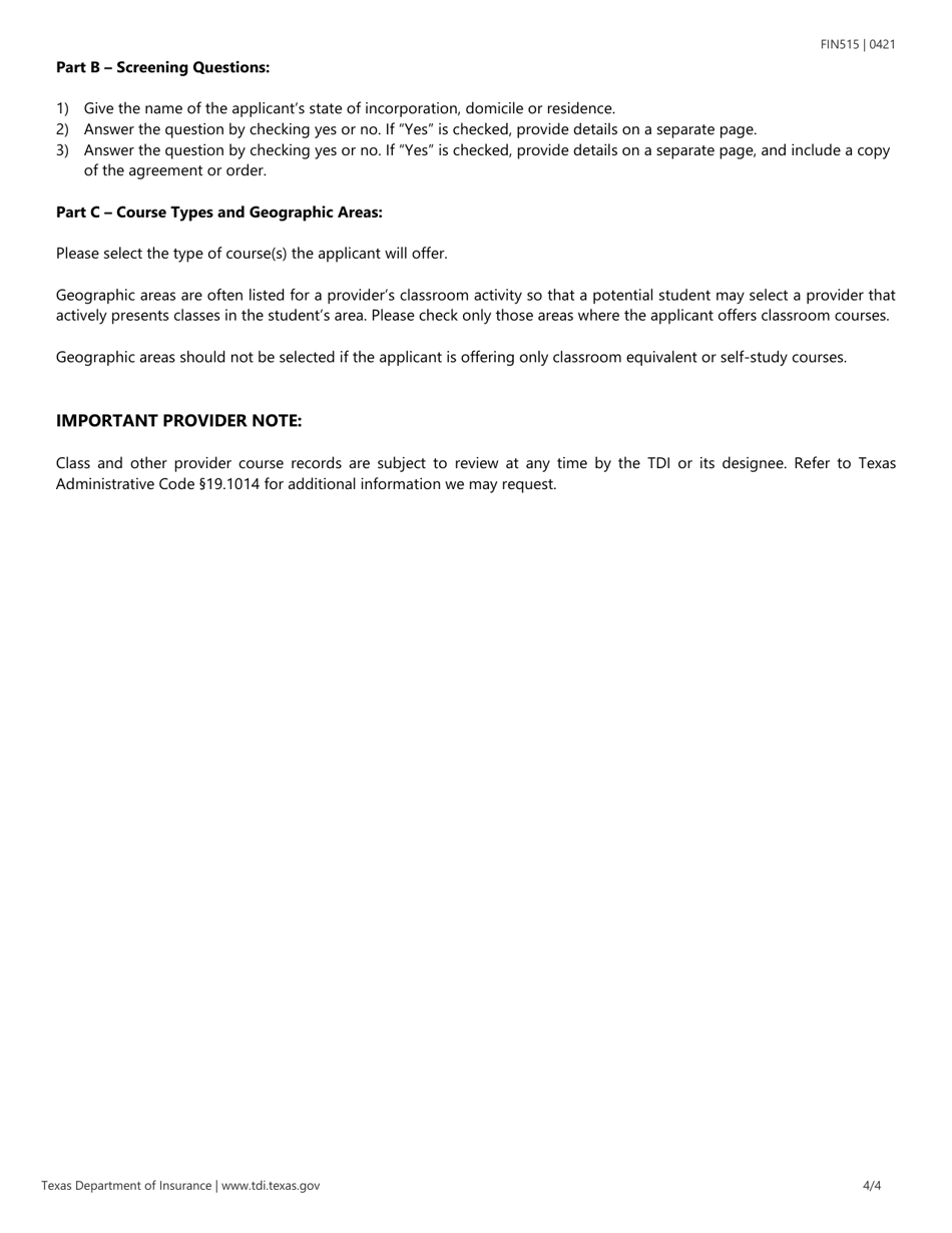 Form FIN515 Application for Continuing Education Provider Registration - Texas, Page 4