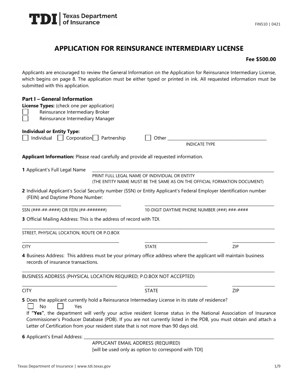 Form FIN510 Application for Reinsurance Intermediary License - Texas, Page 1