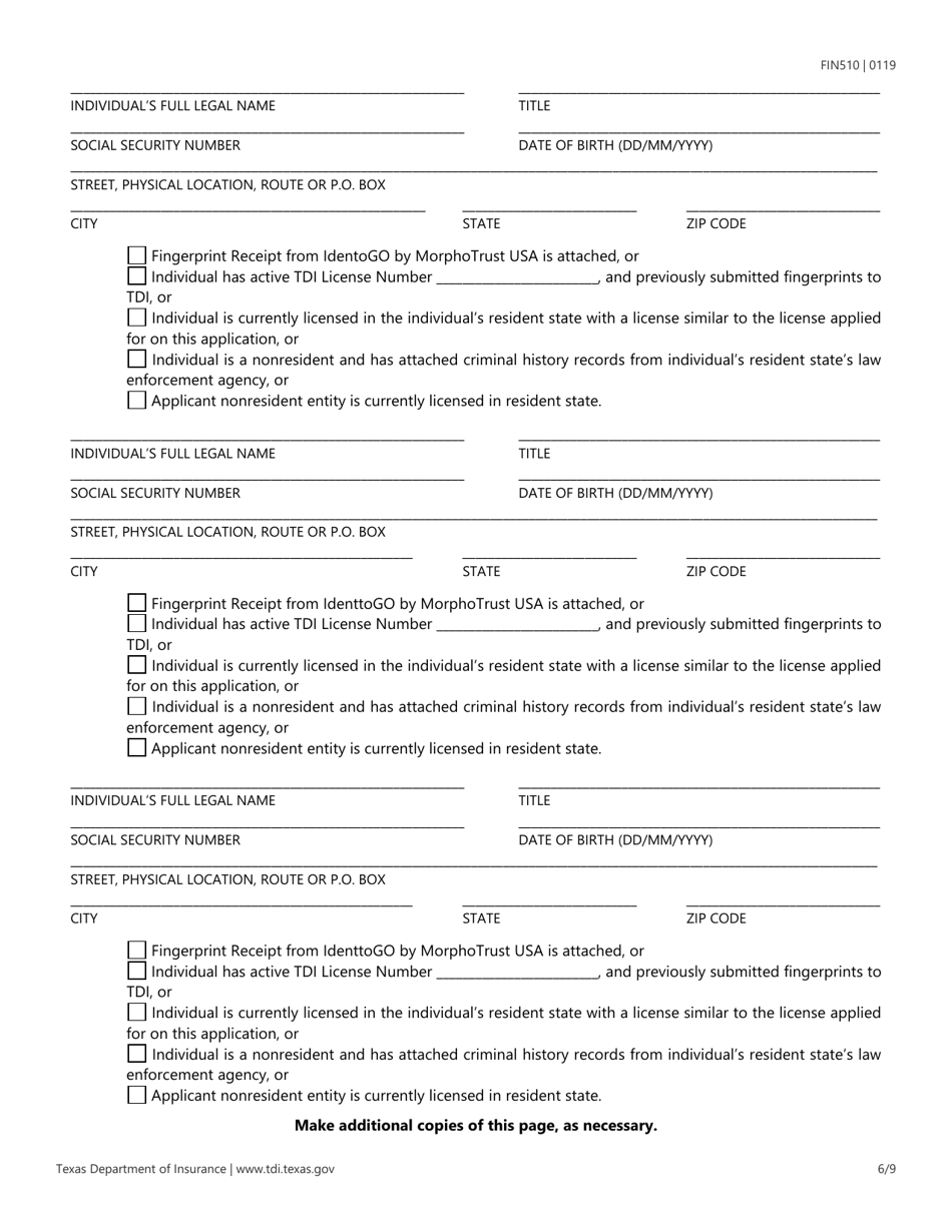 Form FIN510 Application for Reinsurance Intermediary License - Texas, Page 6