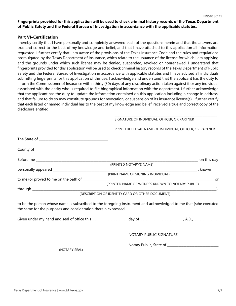 Form FIN510 Application for Reinsurance Intermediary License - Texas, Page 7