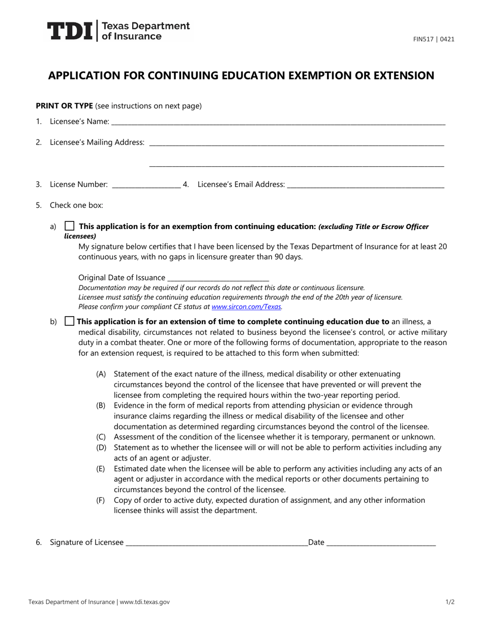 Form FIN517 Application for Continuing Education Exemption or Extension - Texas, Page 1