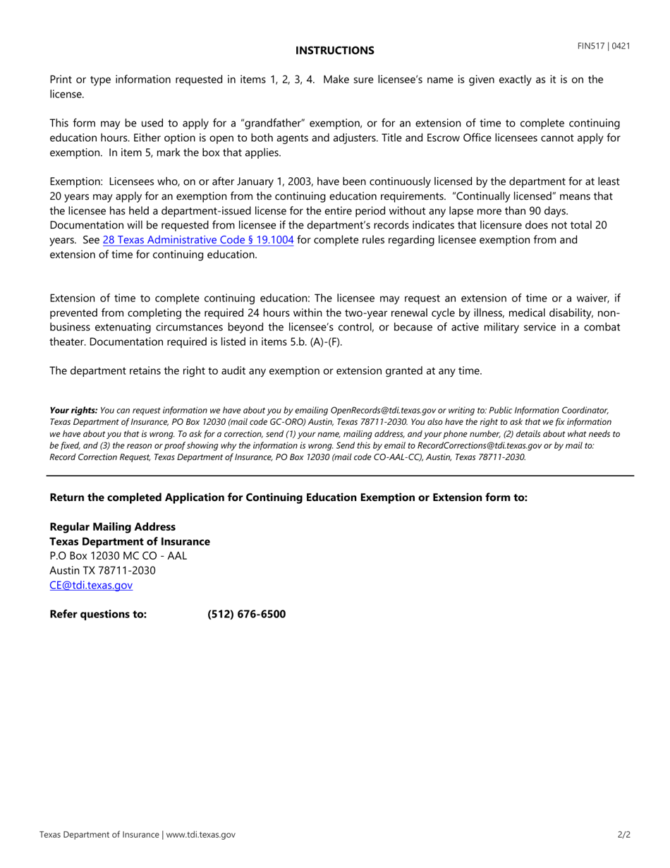 Form FIN517 Application for Continuing Education Exemption or Extension - Texas, Page 2