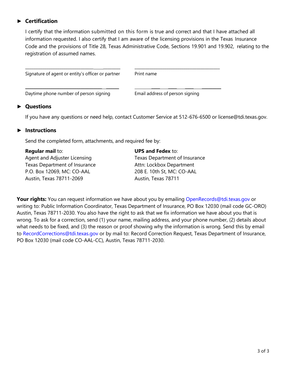 Form FIN528 Entity Name Change / Assumed Name (Dba) Request Form - Texas, Page 3