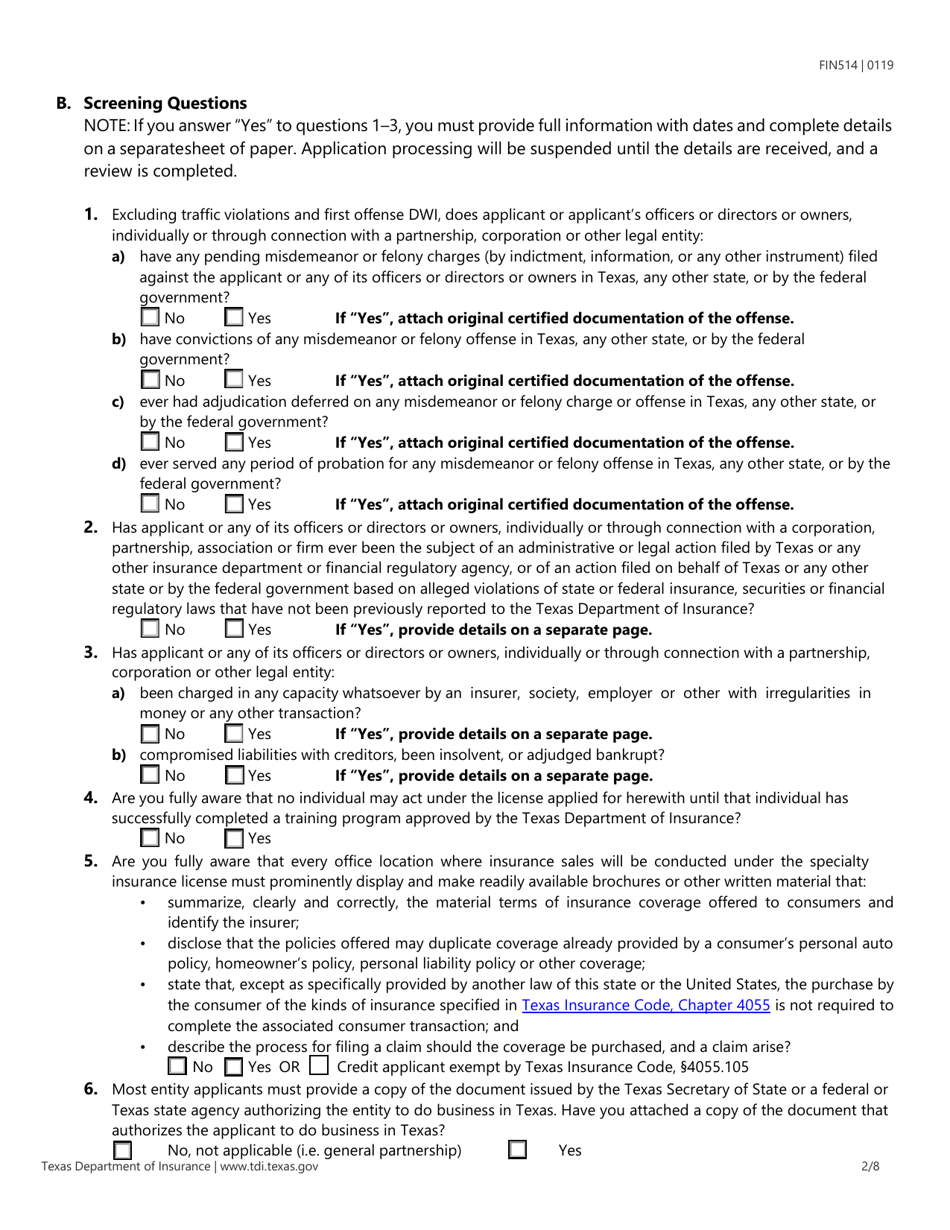 Form FIN514 Application for a Specialty Insurance License - Texas, Page 2