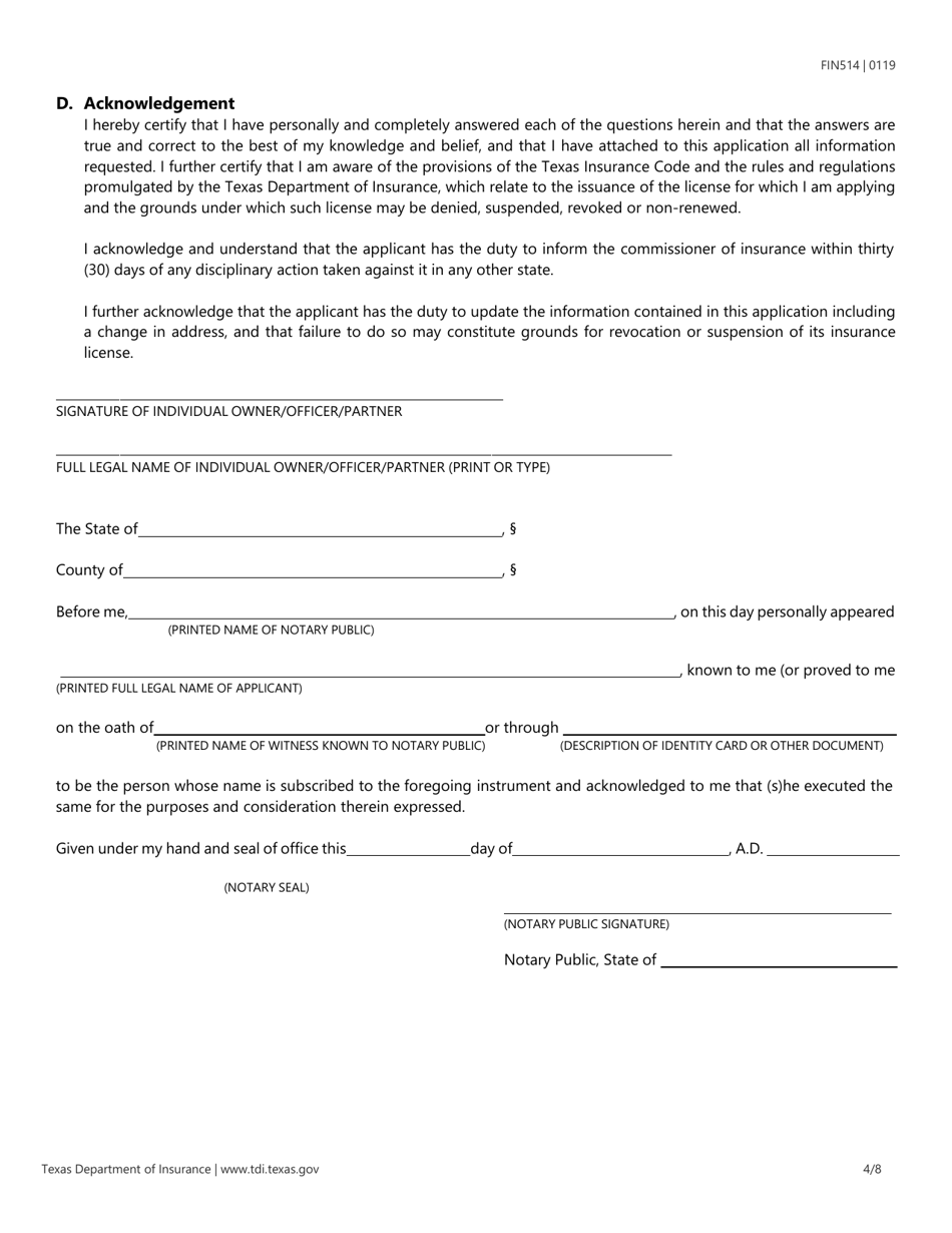 Form FIN514 Application for a Specialty Insurance License - Texas, Page 4