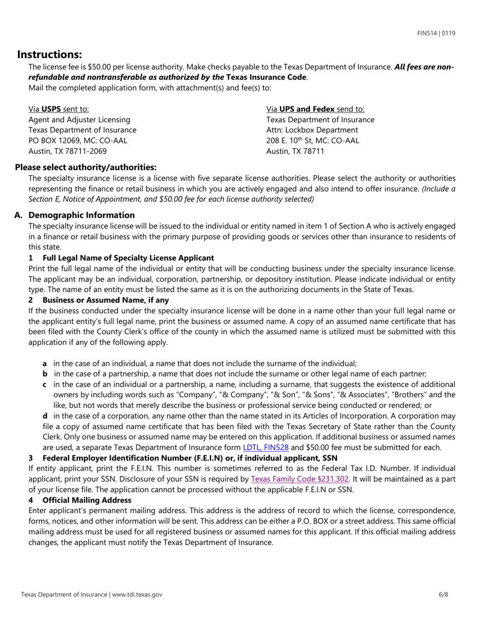 Form FIN514 Application for a Specialty Insurance License - Texas, Page 6