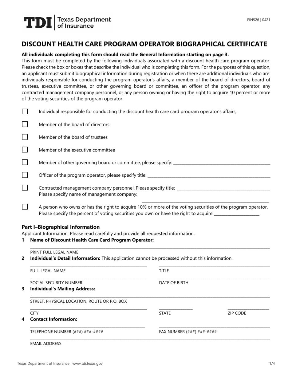 Form FIN526 Discount Health Care Program Operator Biographical Certificate - Texas, Page 1