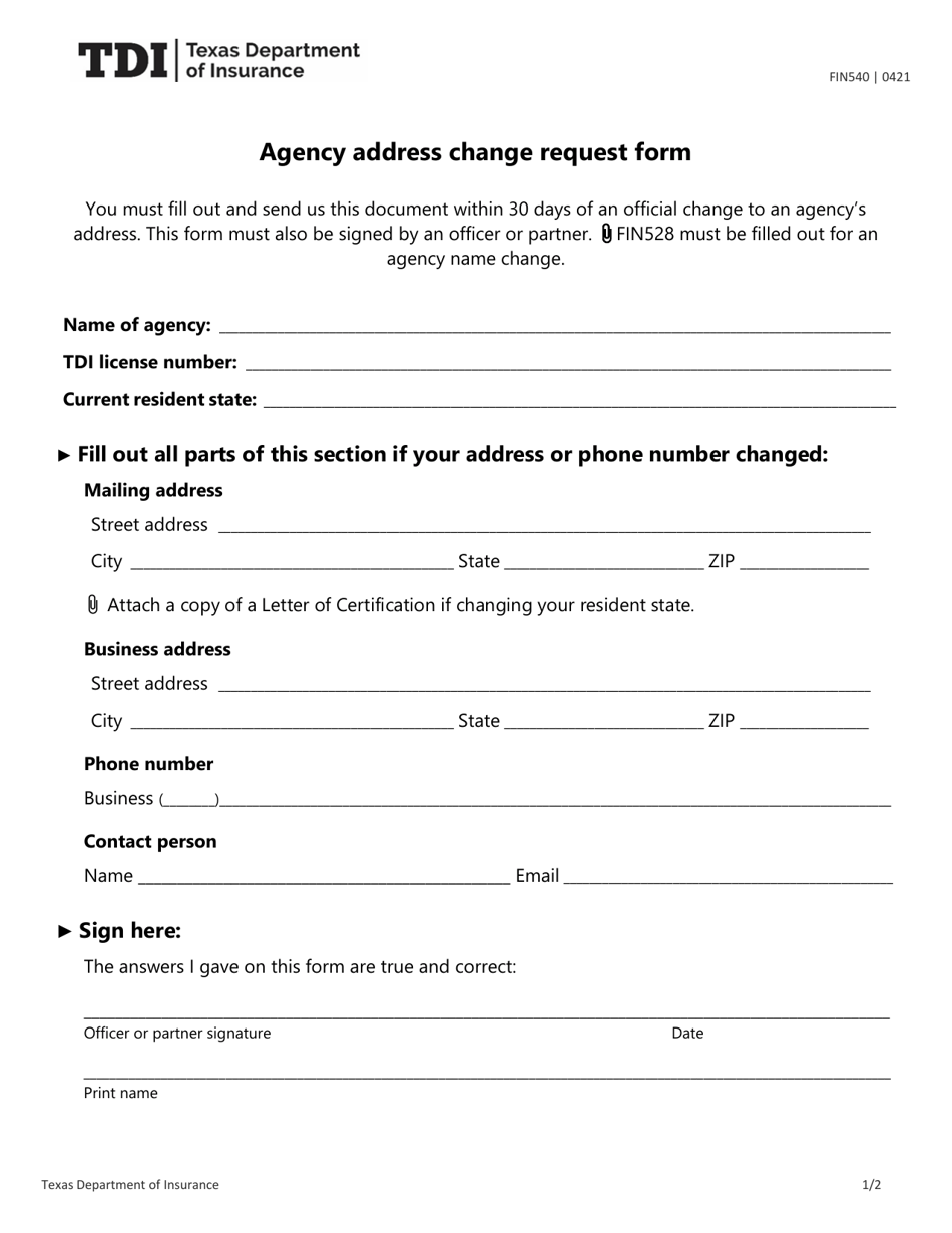 Form FIN540 Agency Address Change Request Form - Texas, Page 1