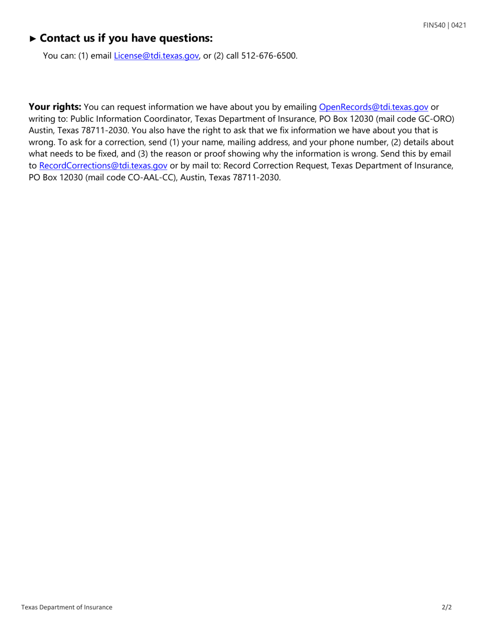 Form FIN540 Agency Address Change Request Form - Texas, Page 2