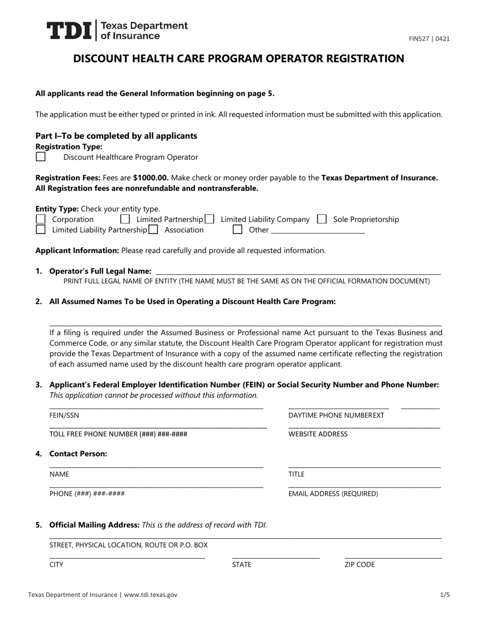 Form FIN527 Discount Health Care Program Operator Registration - Texas, Page 1