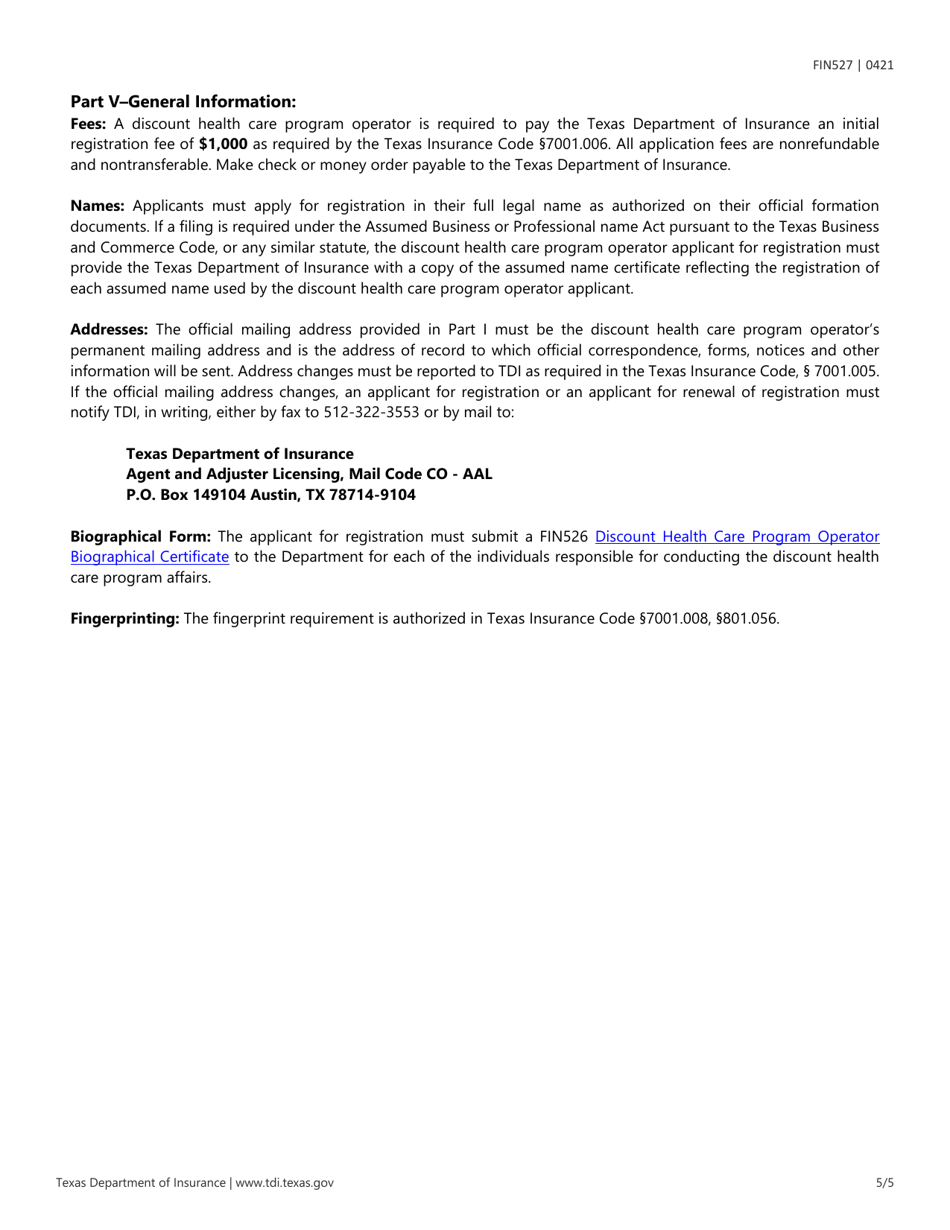 Form FIN527 Discount Health Care Program Operator Registration - Texas, Page 5