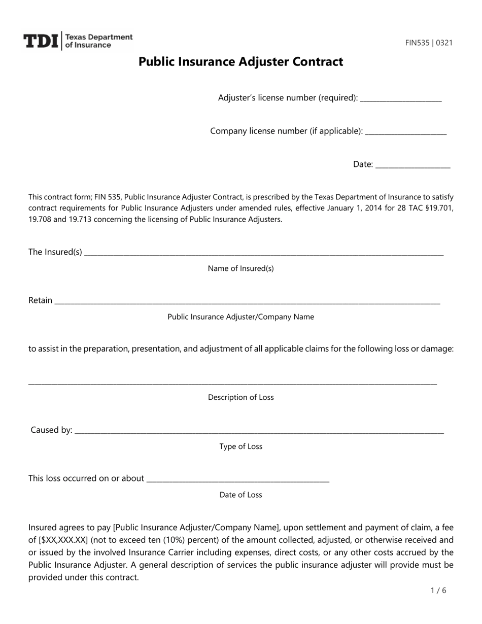Form FIN535 Public Insurance Adjuster Contract - Texas, Page 1