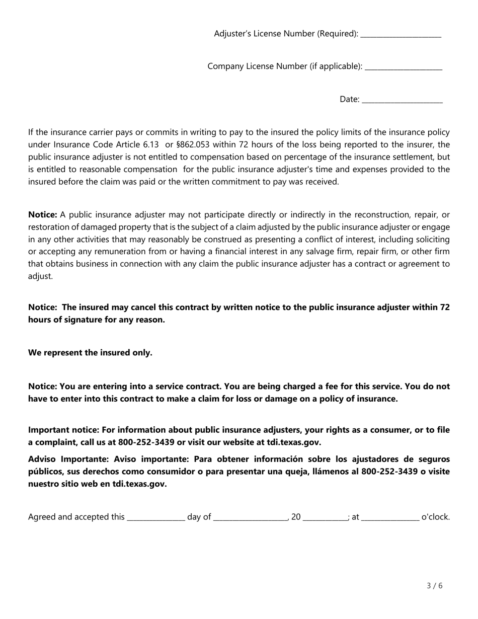 Form FIN535 Public Insurance Adjuster Contract - Texas, Page 3
