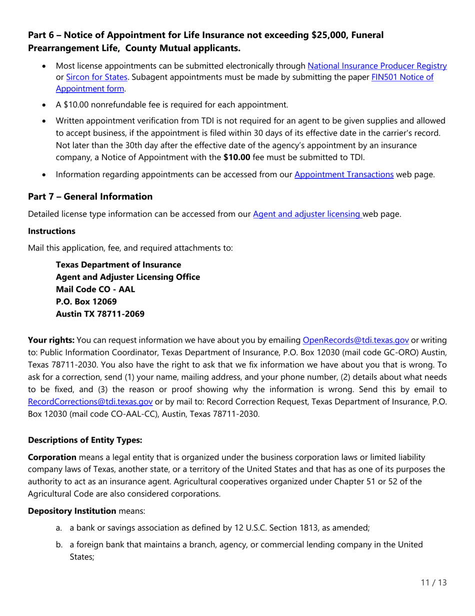Form FIN507 Application for Insurance Agency License - Texas, Page 11