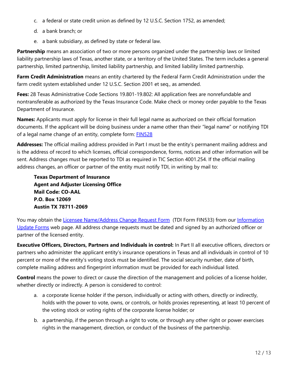 Form FIN507 Application for Insurance Agency License - Texas, Page 12