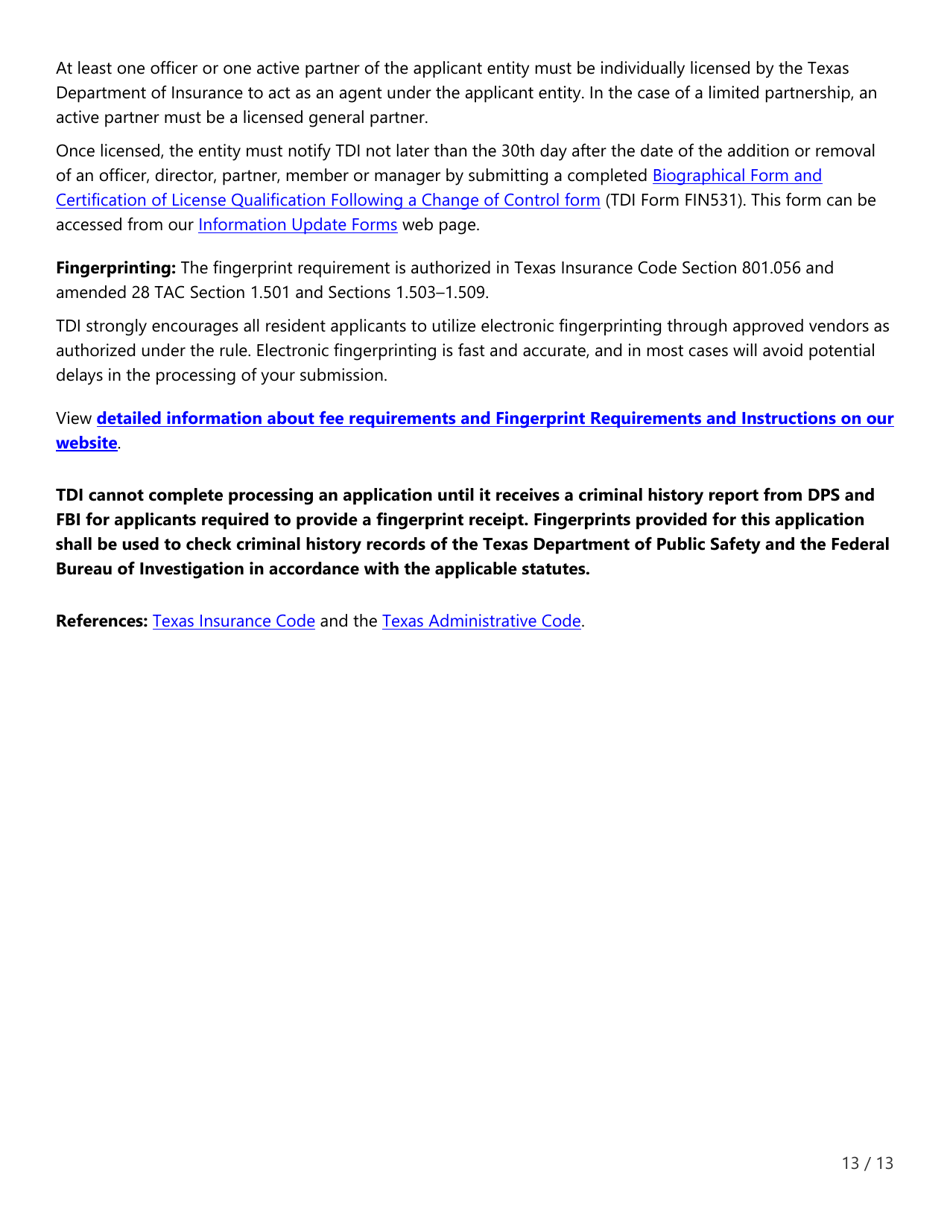 Form FIN507 Application for Insurance Agency License - Texas, Page 13