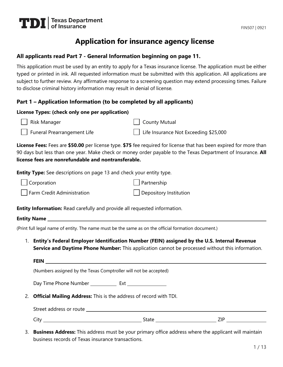 Form FIN507 Application for Insurance Agency License - Texas, Page 1