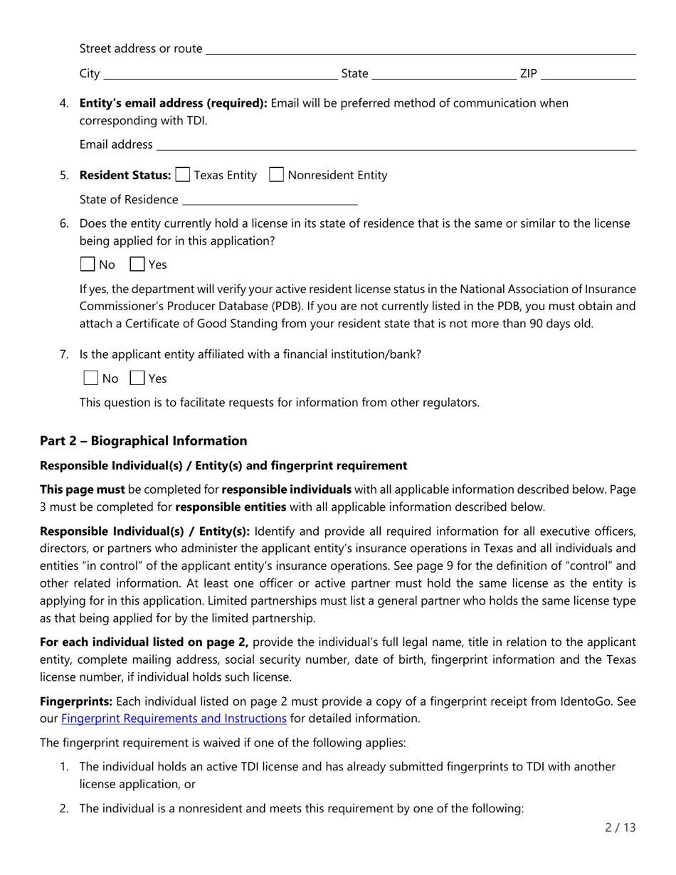 Form FIN507 Application for Insurance Agency License - Texas, Page 2