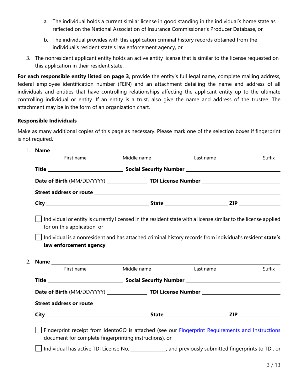 Form FIN507 Application for Insurance Agency License - Texas, Page 3