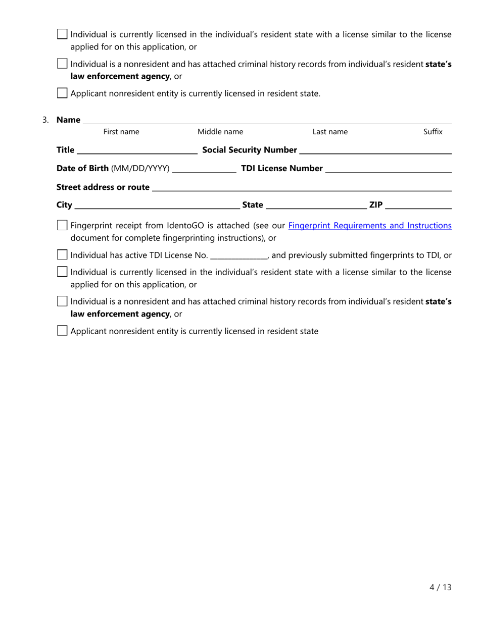 Form FIN507 Application for Insurance Agency License - Texas, Page 4