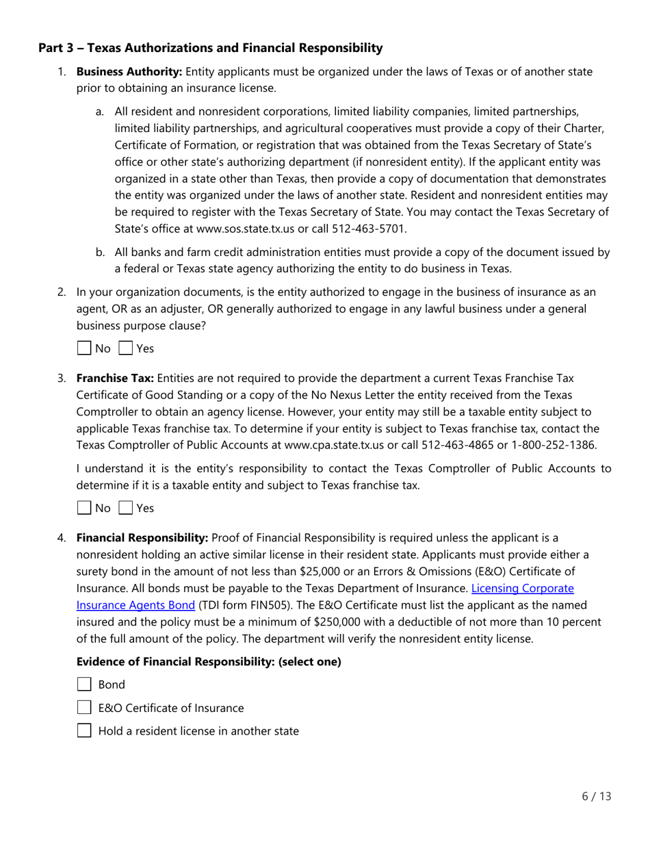 Form FIN507 Application for Insurance Agency License - Texas, Page 6