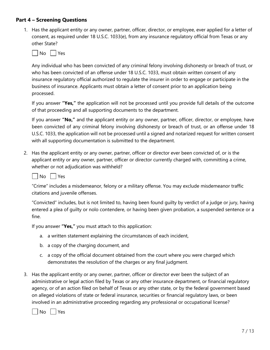 Form FIN507 Application for Insurance Agency License - Texas, Page 7