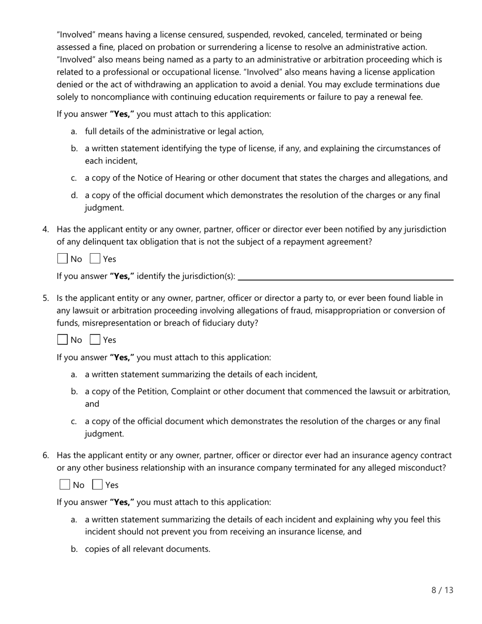 Form FIN507 Application for Insurance Agency License - Texas, Page 8
