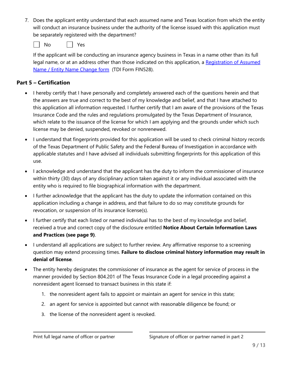 Form FIN507 Application for Insurance Agency License - Texas, Page 9