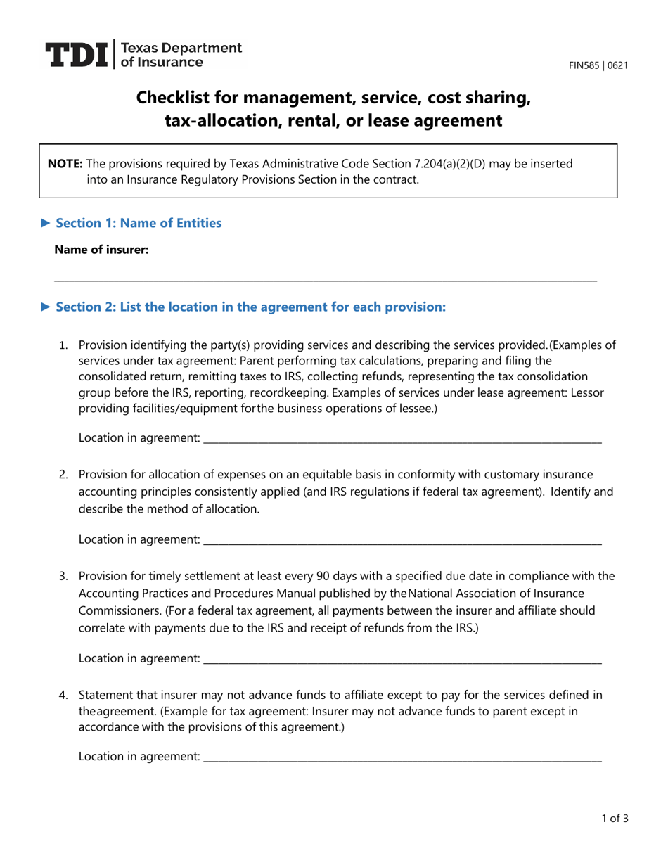 Form FIN585 Fill Out, Sign Online and Download Fillable PDF, Texas