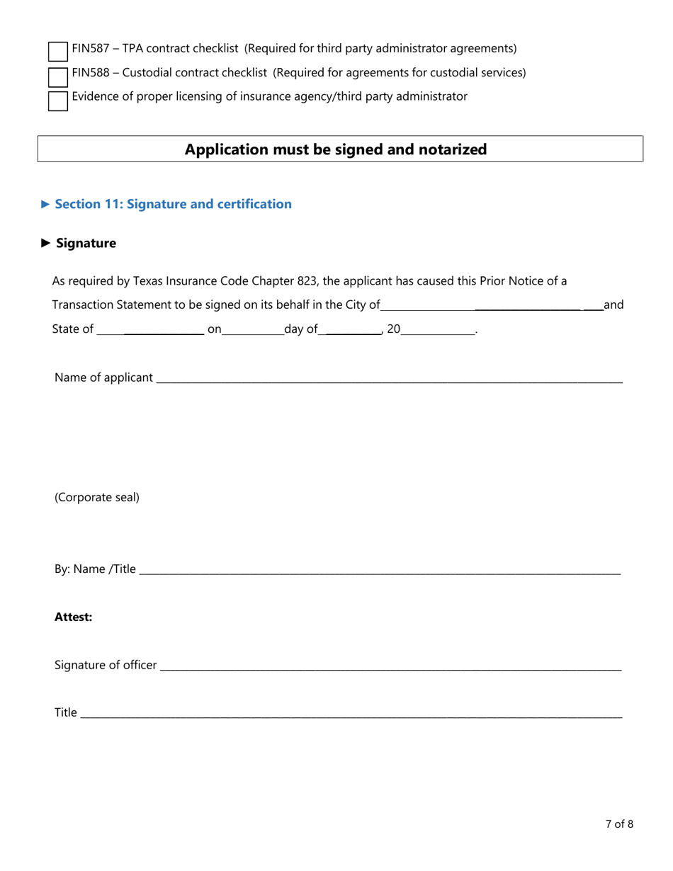 Form D (FIN584) Prior Notice of Transaction - Texas, Page 7