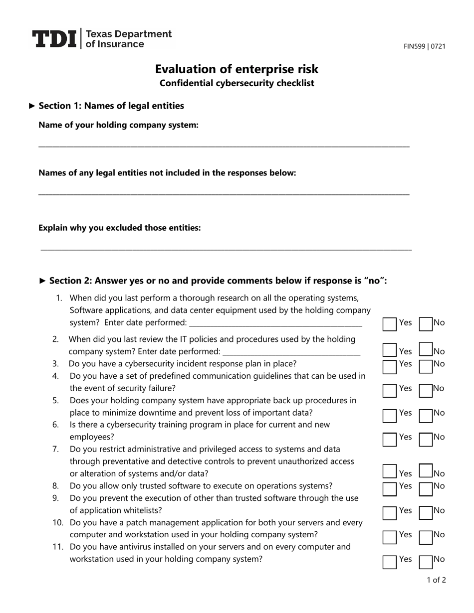 Form FIN599 Confidential Cybersecurity Checklist - Texas, Page 1