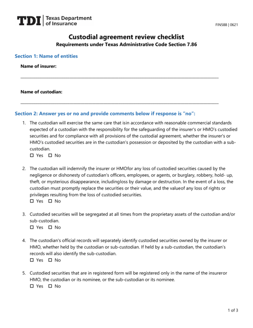 Form FIN588 Custodial Agreement Review Checklist - Texas