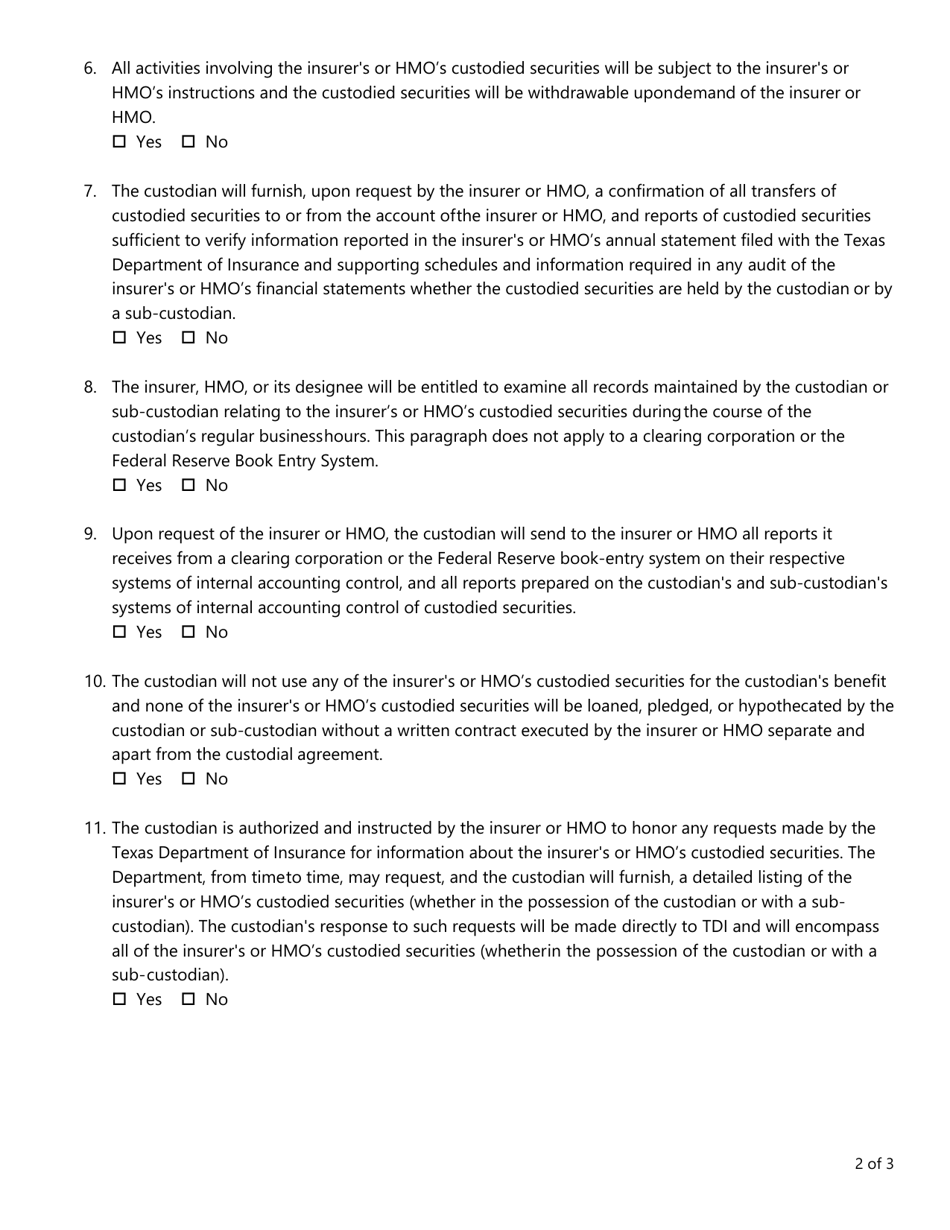 Form FIN588 Custodial Agreement Review Checklist - Texas, Page 2