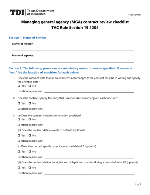 Form FIN586 Managing General Agency (Mga) Contract Review Checklist - Texas