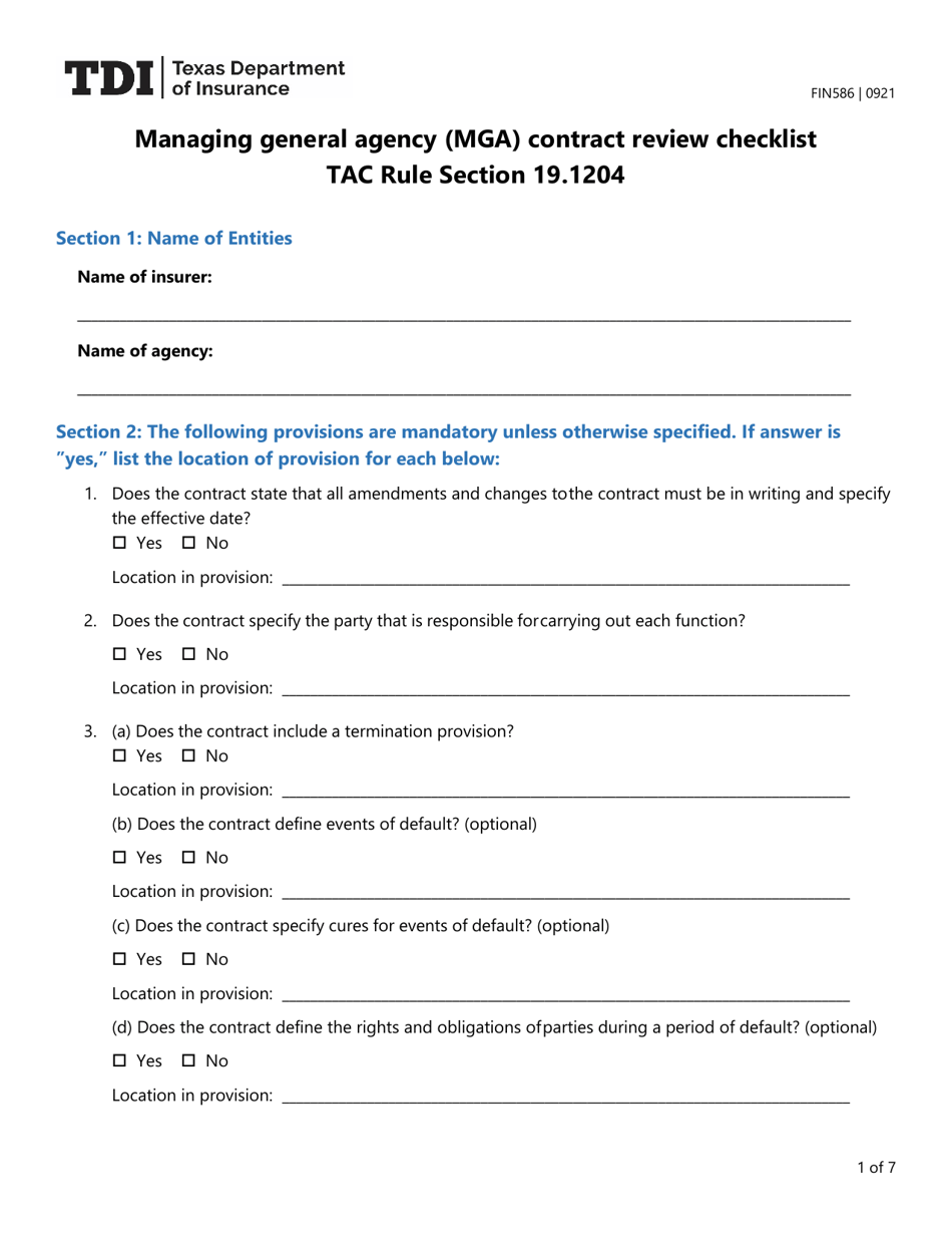 Form FIN586 Managing General Agency (Mga) Contract Review Checklist - Texas, Page 1