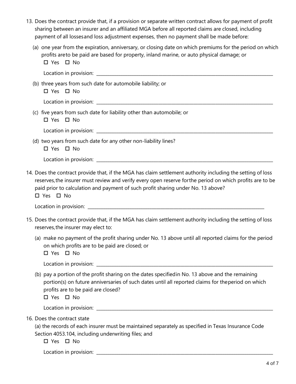 Form FIN586 Managing General Agency (Mga) Contract Review Checklist - Texas, Page 4