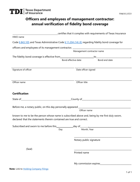 Form FIN610 Annual Verification of Fidelity Bond Coverage (Management Contractor Employees) - Texas
