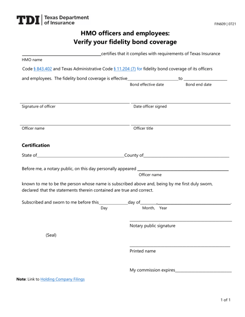 Form FIN609 Annual Verification of Fidelity Bond Coverage (HMO Employee) - Texas