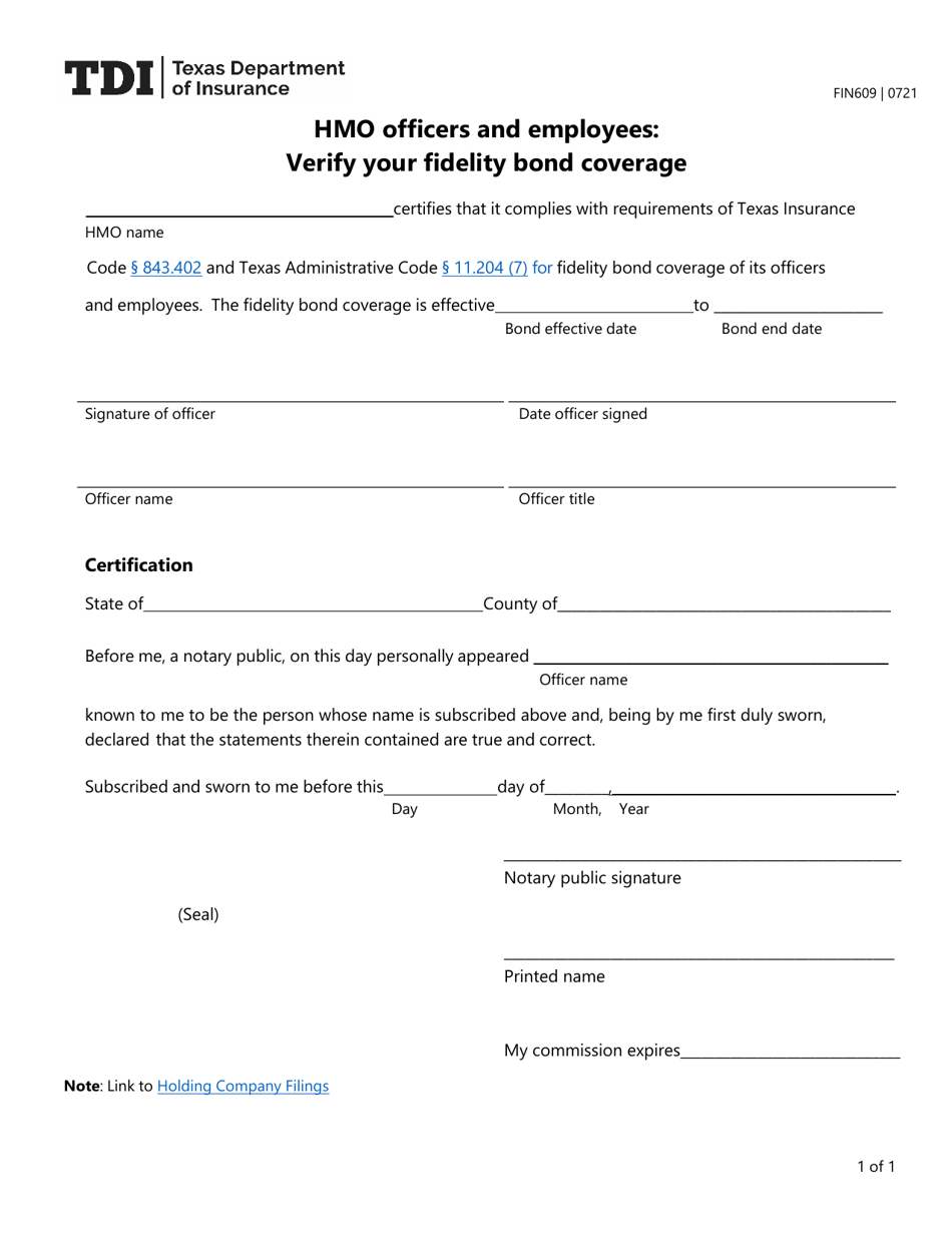 Form FIN609 Annual Verification of Fidelity Bond Coverage (HMO Employee) - Texas, Page 1