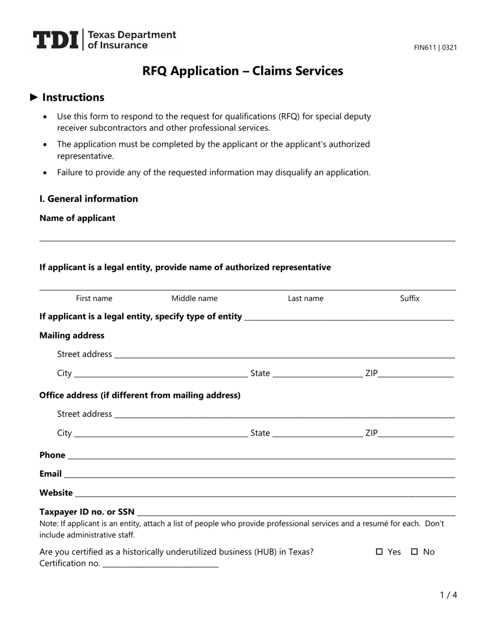 Form FIN611 Rfq Application - Claims Services - Texas, Page 1