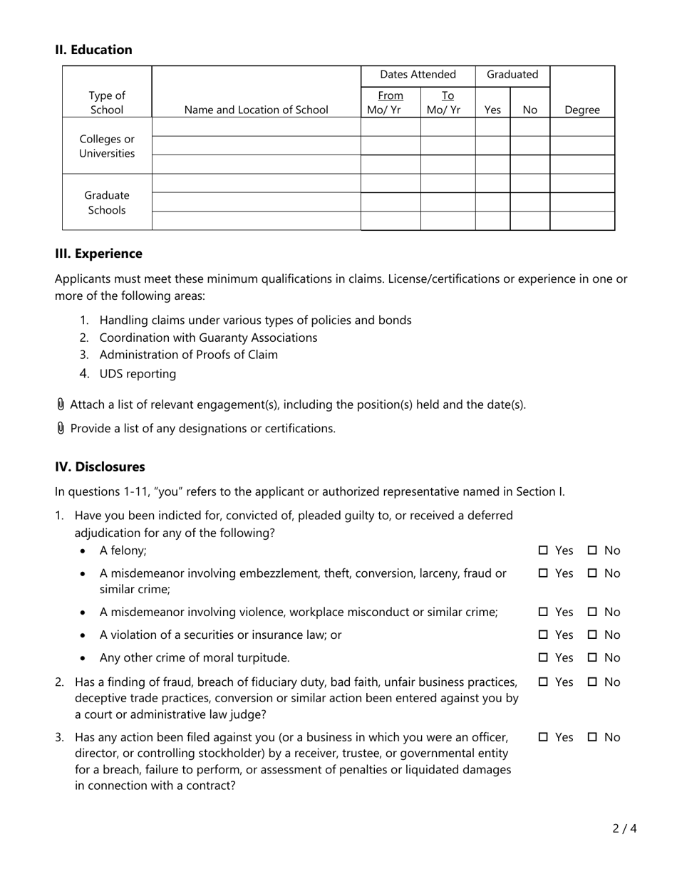 Form FIN611 Rfq Application - Claims Services - Texas, Page 2