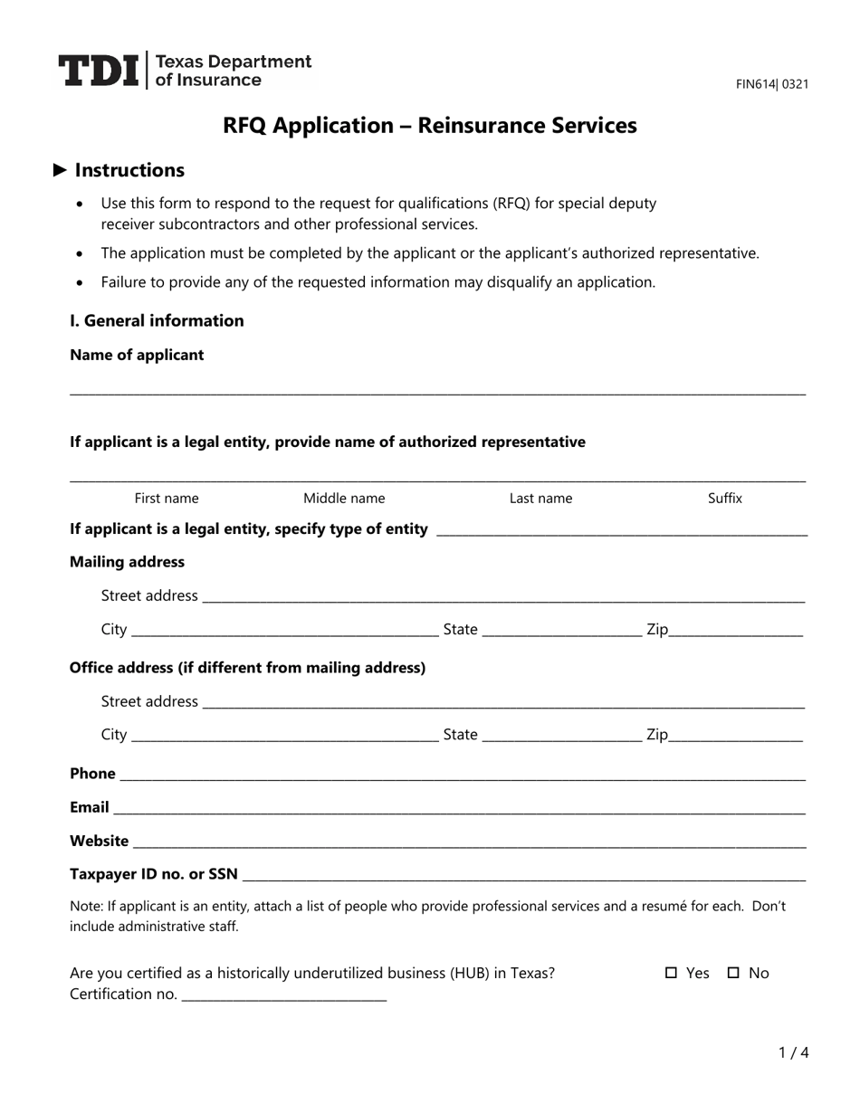 Form FIN614 Rfq Application - Reinsurance Services - Texas, Page 1